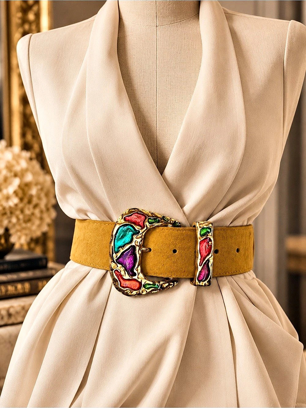 Danier Vintage  Ornate Enamel Buckle Suede  Belt